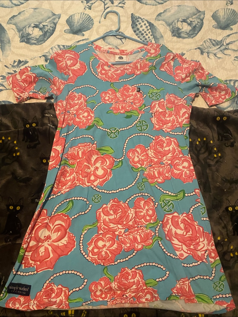 Simply Southern Blue Dress with Pink Rose & Pearl Chain Print